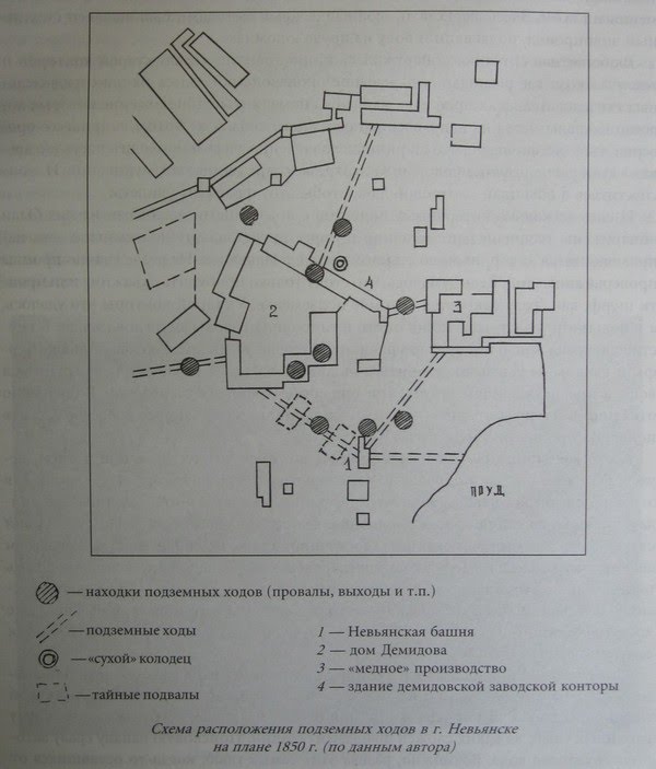 Схема подземных ходов в г. Невьянске. Фото из книги В.М.Слукина «Тайны уральских подземелий»
