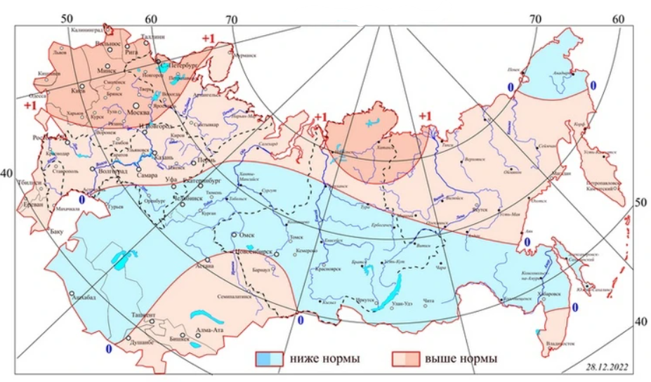 Прогноз аномалий средней месячной температуры на январь 2023