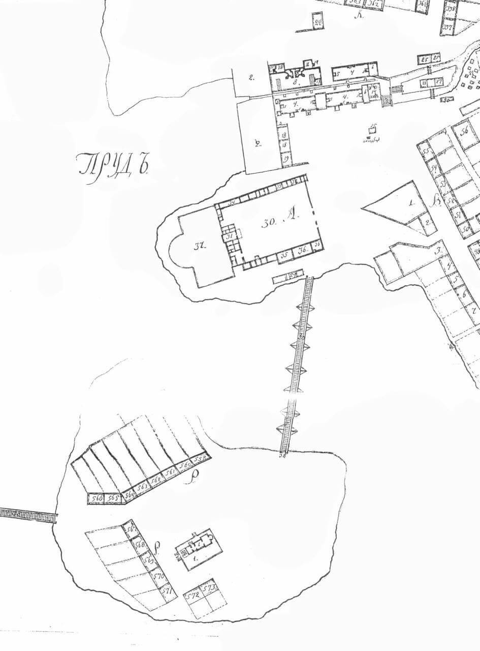 Фрагмент плана Верне-Кыштымского завода начала XIX в. Двор, естественно, полность обнесен стеной, такая же стена окружала и сад, расположенный на оконечности полуострова